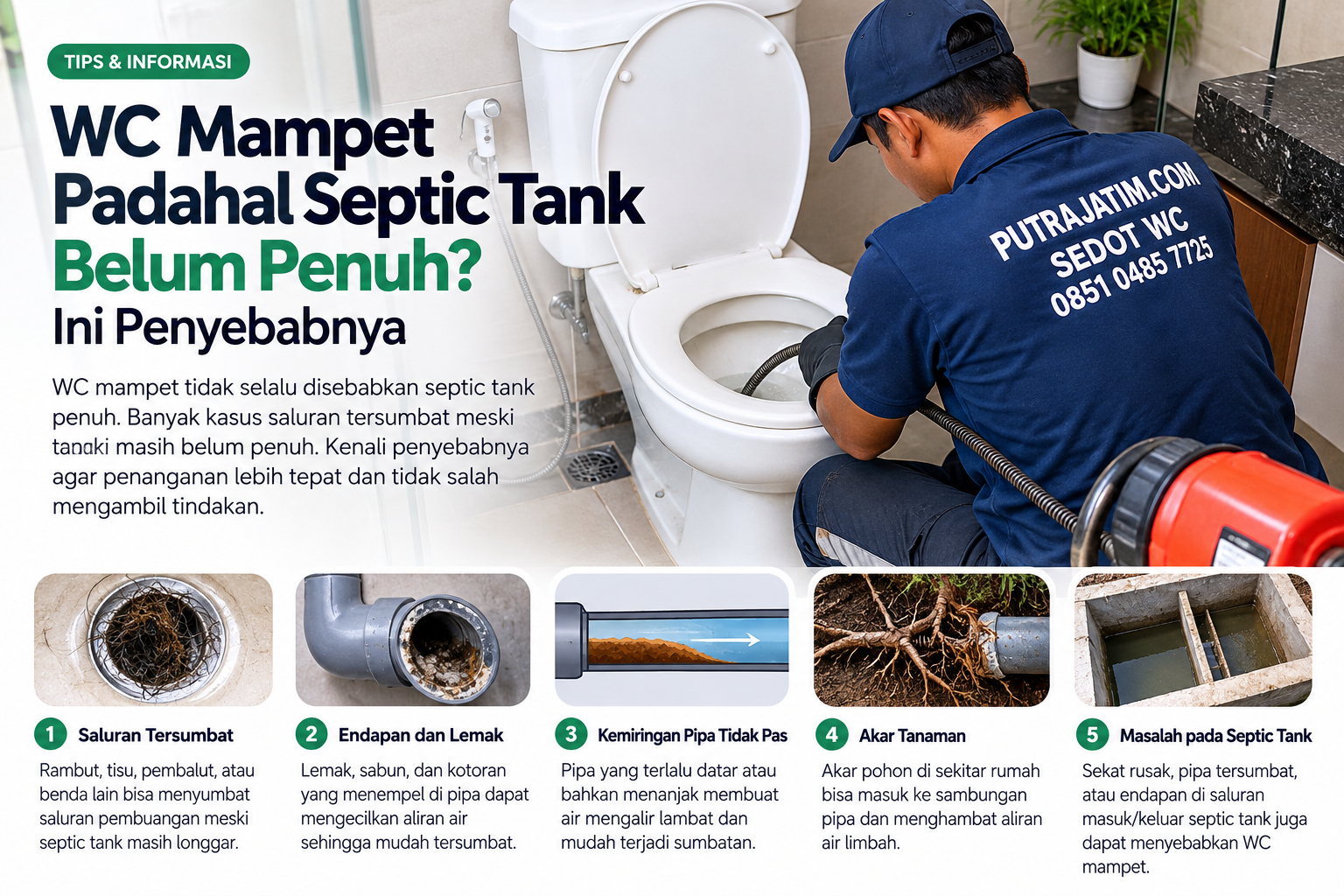 Cara menangani WC mampet dengan memeriksa jalur pembuangan sebelum menyimpulkan septic tank penuh
