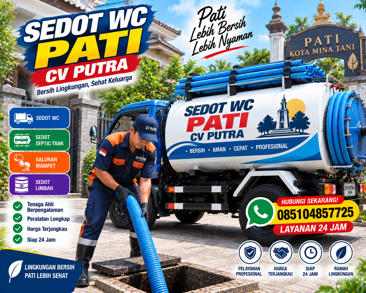 sedot-wc-pati-cv-putra-24-jam Petugas CV Putra Sedot WC Pati berseragam biru oranye mengoperasikan selang penyedot di depan truk tangki pada area rumah tinggal, layanan 24 jam WhatsApp 085104857725.