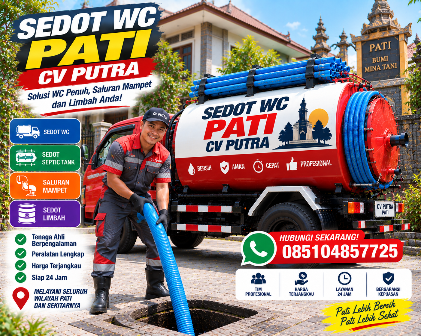 sedot-wc-pati-cv-putra Petugas CV Putra Sedot WC Pati mengoperasikan selang penyedot di depan truk tangki pada area rumah tinggal, layanan 24 jam WhatsApp 085104857725.